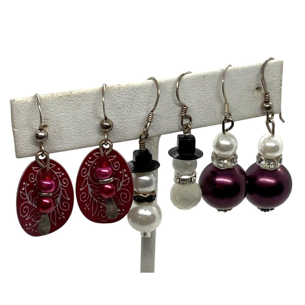 Vintage Lot of 3 Beaded Dangle Earrings Sterling 925 Silver 11g Snowman Purple